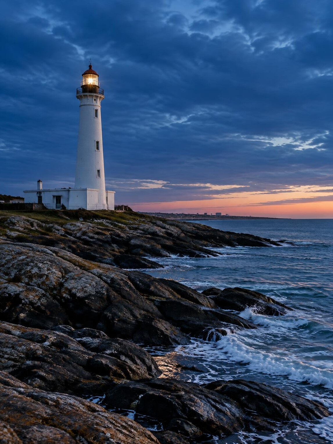 Lighthouse on the rocky coast of Rocha Uruguay at twilight