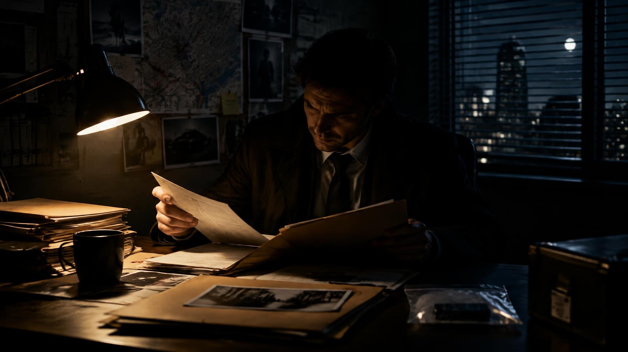detective reviewing files at night